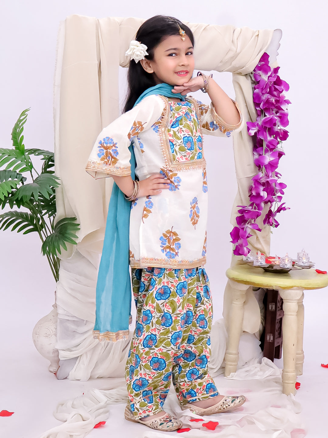 Kid One Phool Bahar Pure Cotton Printed Kurti Salwar With Dupatta For Girls Blue