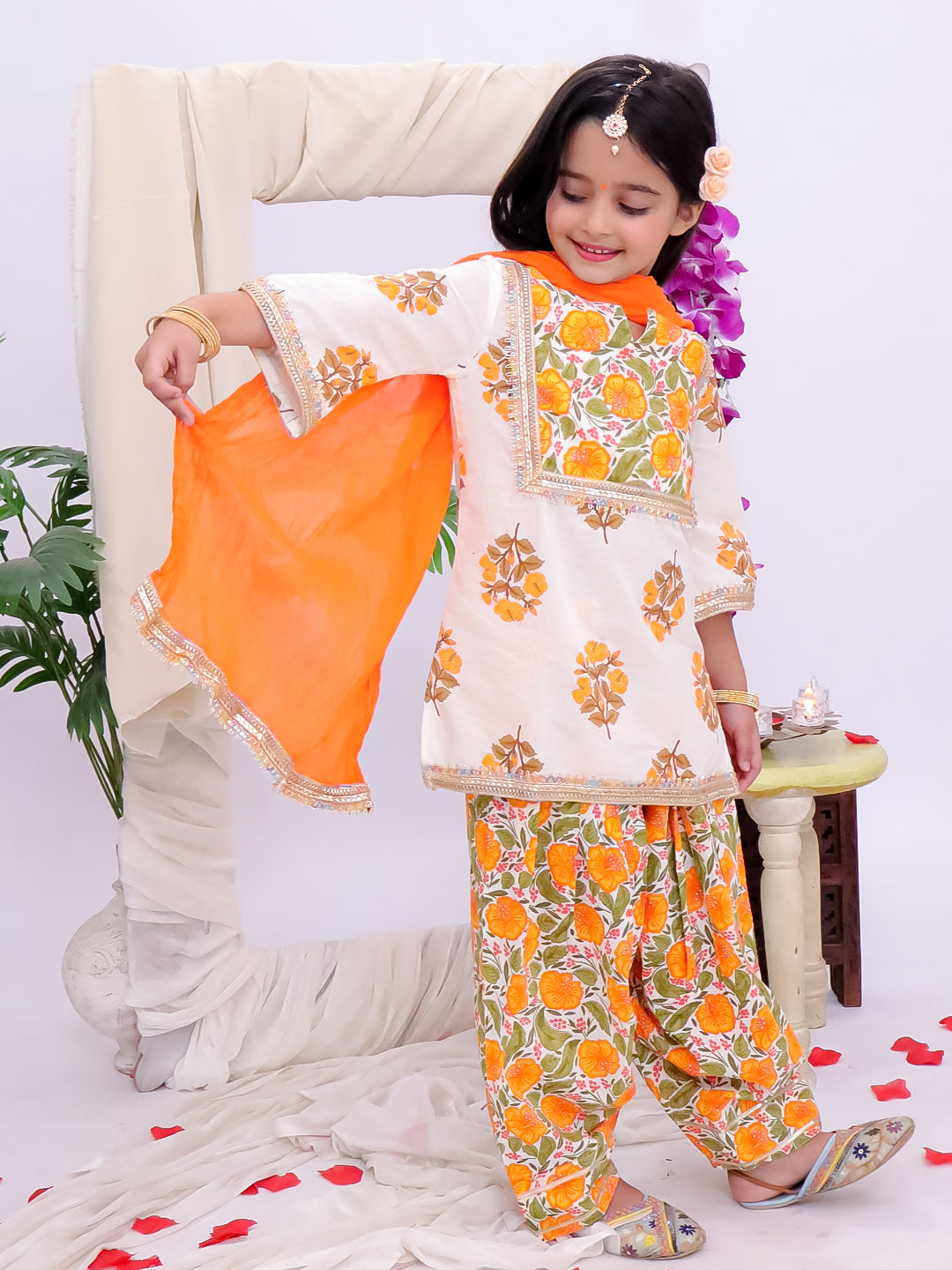 Kid One Phool Bahar Pure Cotton Printed Kurti Salwar With Dupatta For Girls Orange