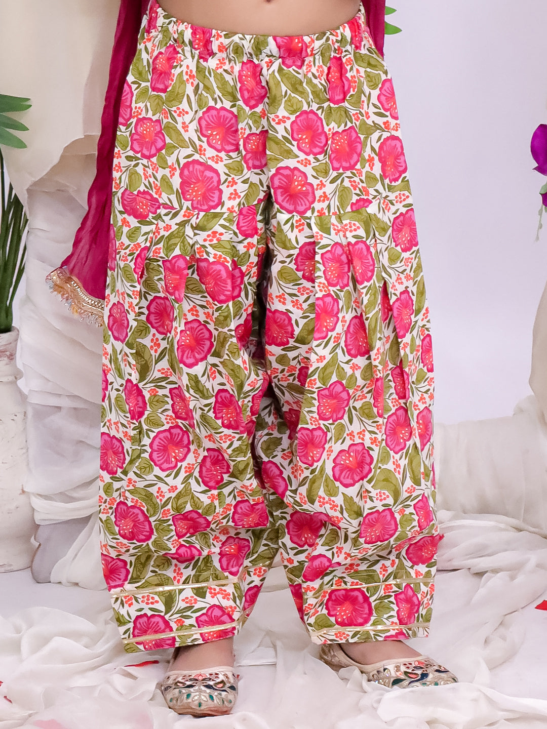 Kid One Phool Bahar Pure Cotton Printed Kurti Salwar With Dupatta For Girls Pink