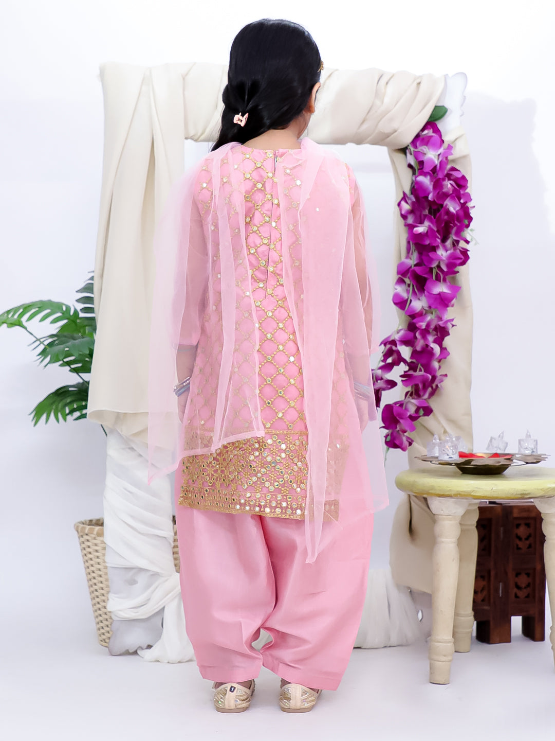 Kid One Mirror Work Embroidered Kurti Salwar With Dupatta Set For Girls Pink