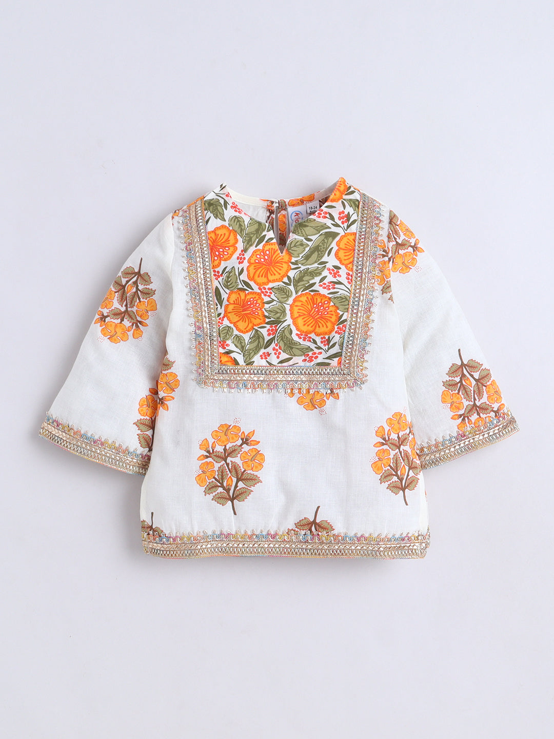 Kid One Infants Phool Bahar Pure Cotton Printed Kurti Salwar With Dupatta For Girls Orange