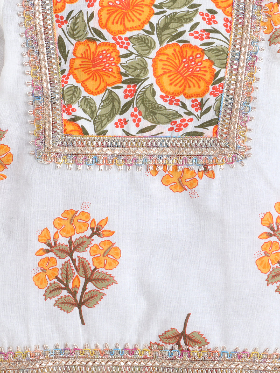 Kid One Infants Phool Bahar Pure Cotton Printed Kurti Salwar With Dupatta For Girls Orange