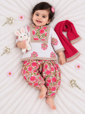 Kid One Infants Phool Bahar Pure Cotton Printed Kurti Salwar With Dupatta For Girls Pink