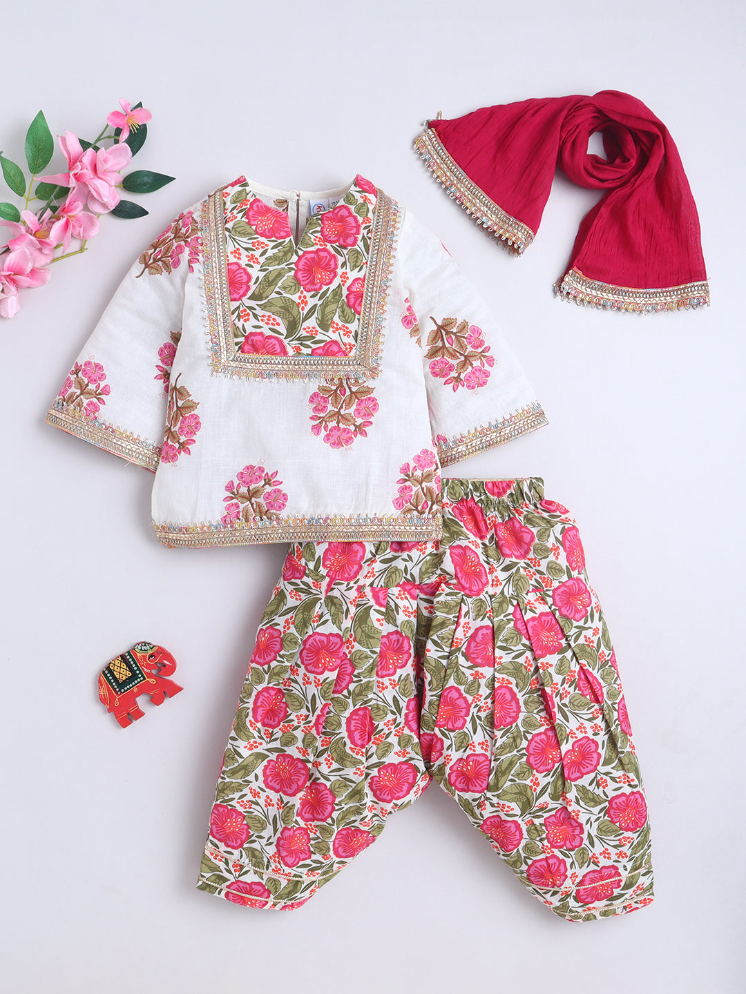 Kid One Infants Phool Bahar Pure Cotton Printed Kurti Salwar With Dupatta For Girls Pink