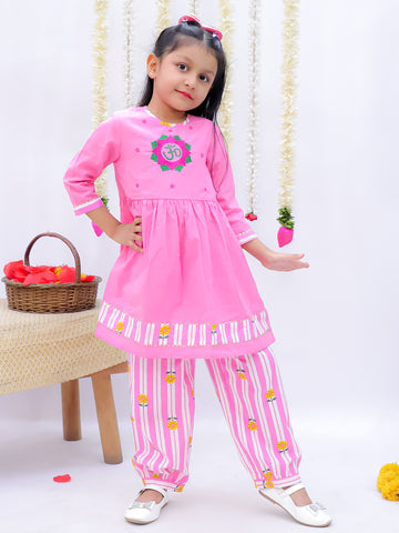 Kid One Om Embroidered Kurti With Salwar Set For Girls Pink
