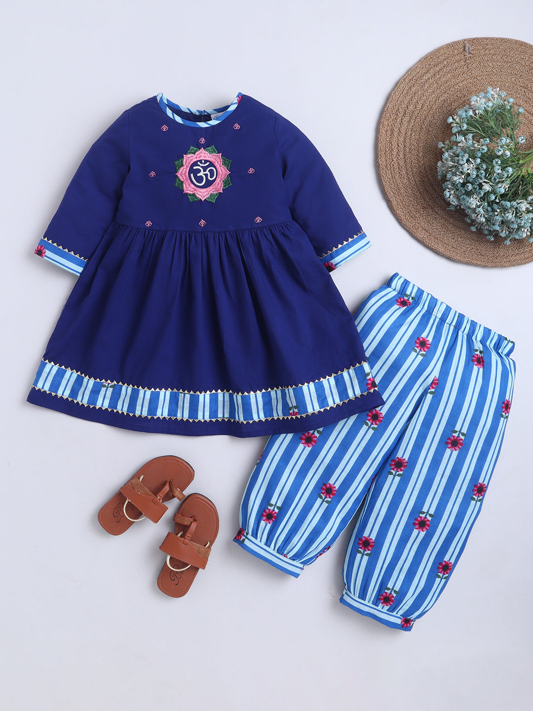 Kid One Infants Om Embroidered Kurti With Salwar Set For Girls Blue