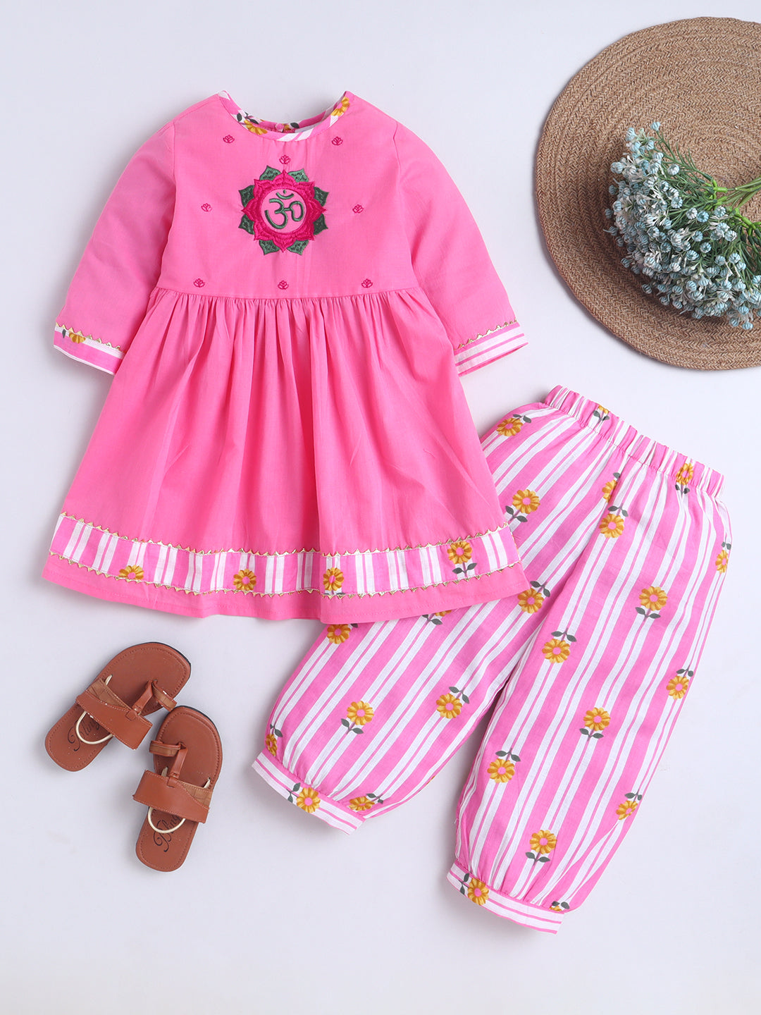 Kid One Infants Om Embroidered Kurti With Salwar Set For Girls Pink