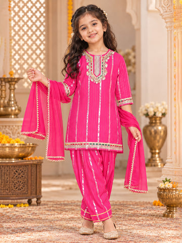 Kid One Stripes Full Sleeves Cotton Kurti Salwar With Dupatta Set For Girls Pink