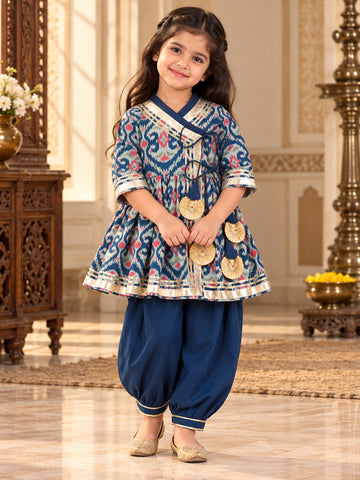 Kid One Ikkat Print Cotton Kurti With Salwar Set Blue