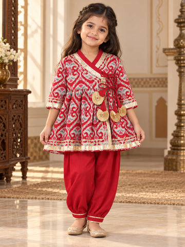 Kid One Ikkat Print Cotton Kurti With Salwar Set Red