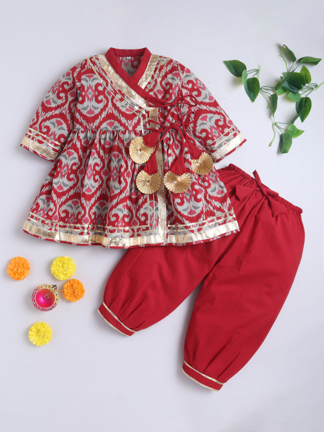 Kid One Ikkat Print Cotton Kurti With Salwar Set Red
