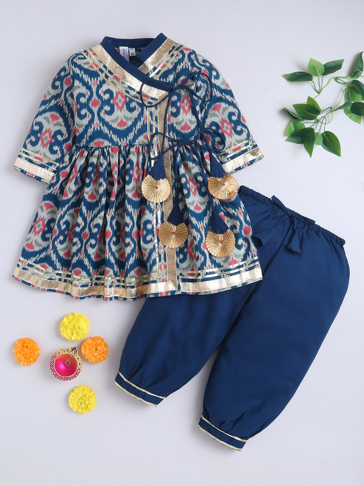 Kid One Infants Ikkat Print Cotton Kurti With Salwar Set Blue