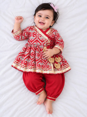 Kid One Infants Ikkat Print Cotton Kurti With Salwar Set Red