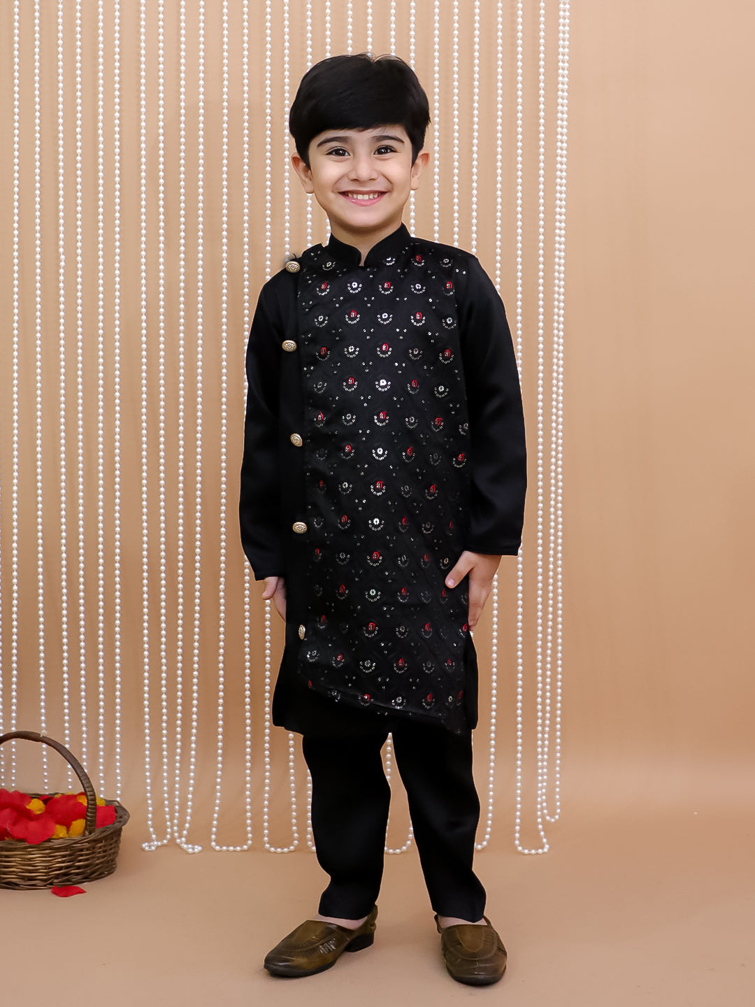 Kid One Embroidered Sherwani Kurta Pajama Set Black For Boys