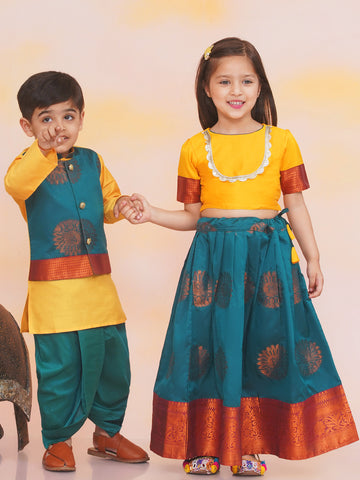 KID1 Jacquard Pattu Pavdai For Girls With Attached Silk Jacket Kurta With Dhoti For Boys - Yellow & Green