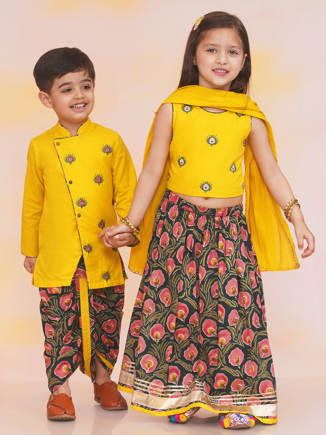 KID1 Leela Choli with Printed Lehenga & Crushed Dupatta For Girls With Morpankh Embroidered Dhoti Set For Boys - Yellow