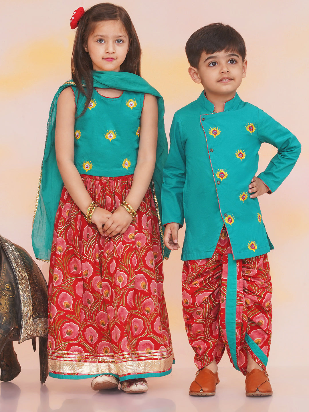 KID1 Leela Choli with Printed Lehenga & Crushed Dupatta For Girls With Morpankh Embroidered Dhoti Set For Boys - Green