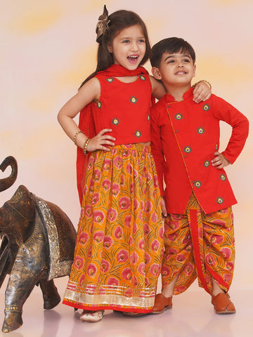 KID1 Leela Choli with Printed Lehenga & Crushed Dupatta For Girls With Morpankh Embroidered Dhoti Set For Boys - Red