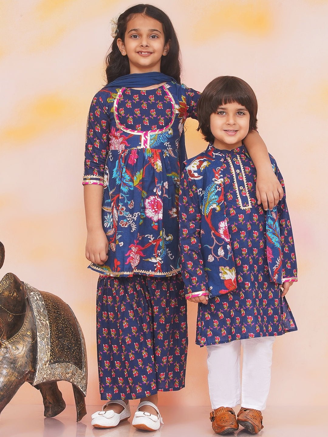 KID1 Naaz Kurti Sharara Set For Girls With Nawab Long Jacket Kurta Set For Boys - Navy Blue