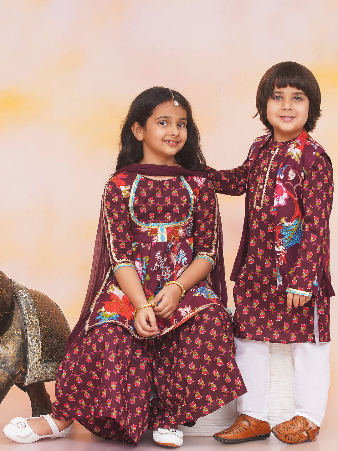 KID1 Naaz Kurti Sharara Set For Girls With Nawab Long Jacket Kurta Set For Boys - Wine