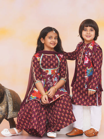 KID1 Naaz Kurti Sharara Set For Girls With Nawab Long Jacket Kurta Set For Boys - Wine