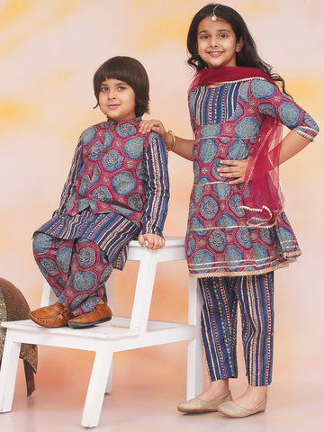 KID1 3 Tier Kurti With Pants And Dupatta For Girls With Floral Jacket With Motiff Printed Kurta And Dhoti Set For Boys - Blue