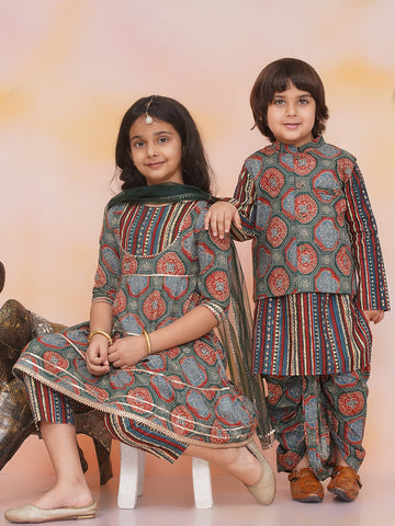 KID1 3 Tier Kurti With Pants And Dupatta For Girls With Floral Jacket With Motiff Printed Kurta And Dhoti Set For Boys - Green