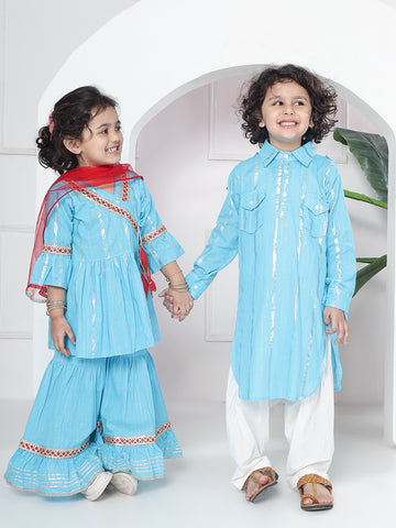Gul Cotton Sharara Set For Girls With Cotton Pathani & Salwar For Boys - Blue