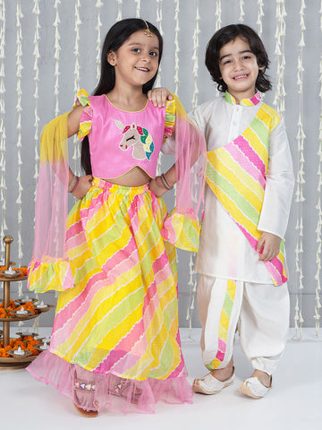 KID1 Unicorn Lehenga Choli And Dupatta For Girls With Attached Jacket Kurta Dhoti For Boys - Pink & White