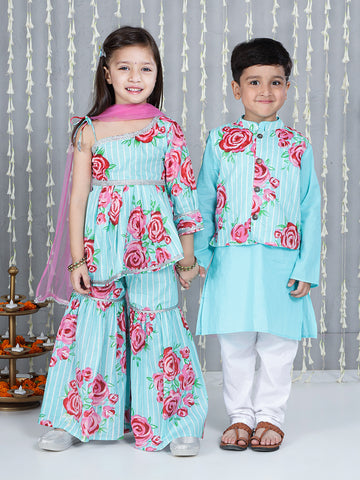 KID1 Guldasta Kurti Sharara And Dupatta Set For Girls And Jacket Kurta And Pyjama Set For Boys- Turquoise