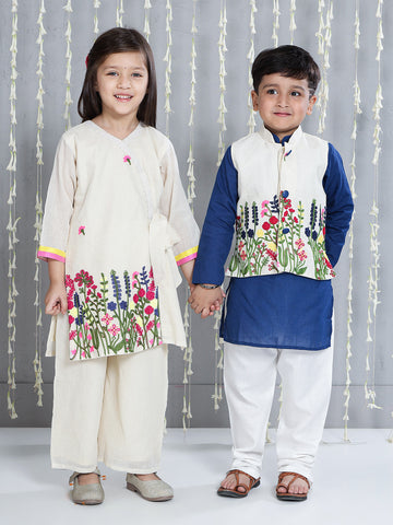 KID1 Embroidered Kurti And Palazzo Set For Girls With Embroidered Jacket Kurta Pajama Set For Boys - Offwhite & Blue