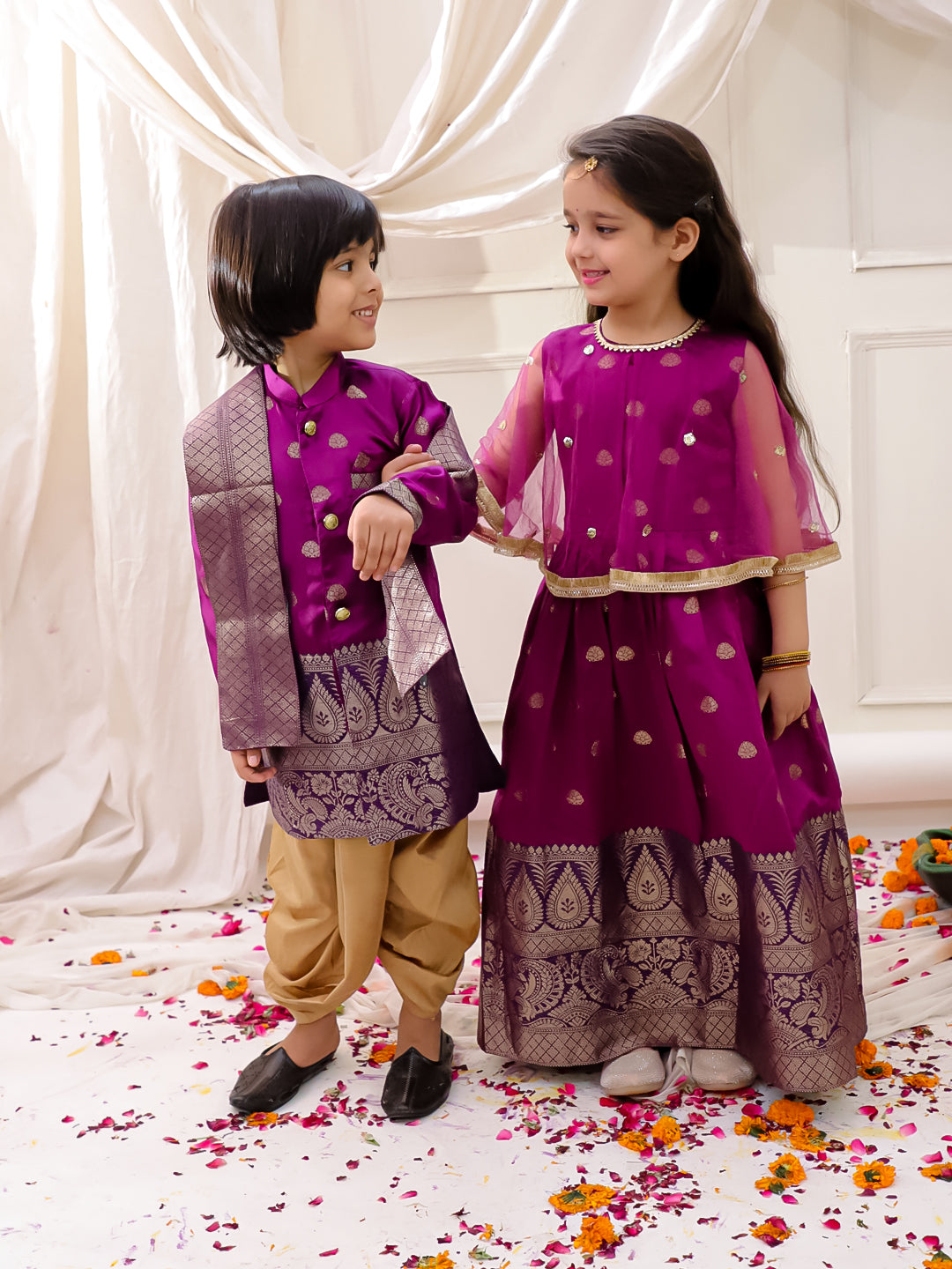 KID1 Sequins Cape Gown Pattu For Girl With Thala Silk Scarve Sherwani Dhoti Set For Boys - Purple
