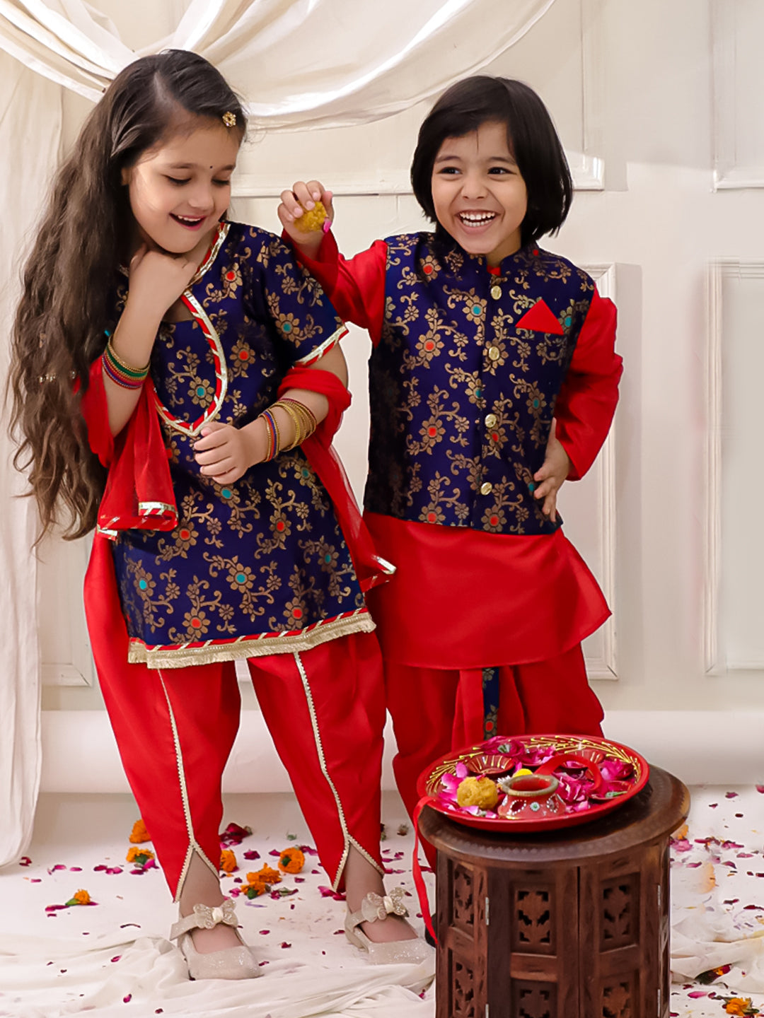 KID1 Jacquard Kurti Dhoti With Dupatta For Girls With Royal Kurta Dhoti With Jacket For Boys - Navy