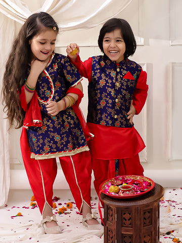KID1 Jacquard Kurti Dhoti With Dupatta For Girls With Royal Kurta Dhoti With Jacket For Boys - Navy