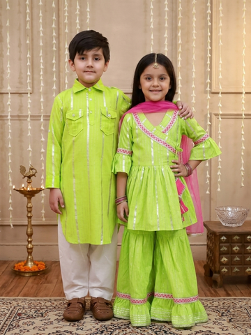 Gul Cotton Sharara Set For Girls With Cotton Pathani & Salwar For Boys - Green