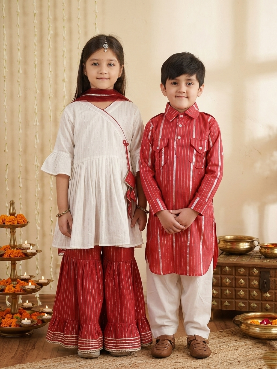 Gul Cotton Sharara Set For Girls With Cotton Pathani & Salwar For Boys - Red & White