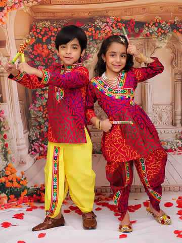 KID1 Dandia Mania Dhoti Set For Girl With Colourama Navratri Kurta Dhoti Set For Boys - Pink & Multi