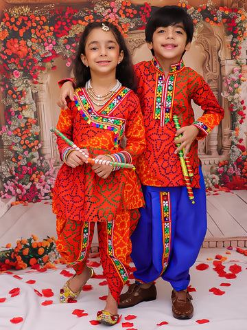 KID1 Dandia Mania Dhoti Set For Girl With Colourama Navratri Kurta Dhoti Set For Boys - Orange