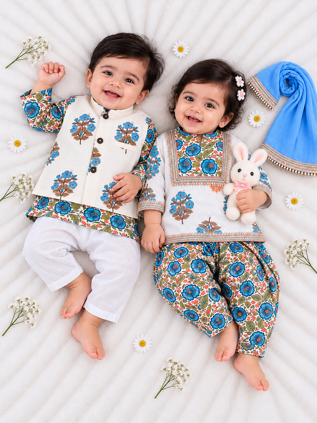Kid One Infants Floral Printed Kurti Salwar And Dupatta Set With Printed Kurta Pyjama And Jacket Set - Blue