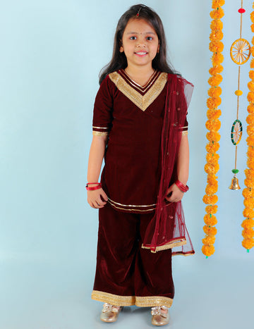 KID1 Girls velvet Sharara set with sequins dupatta Maroon
