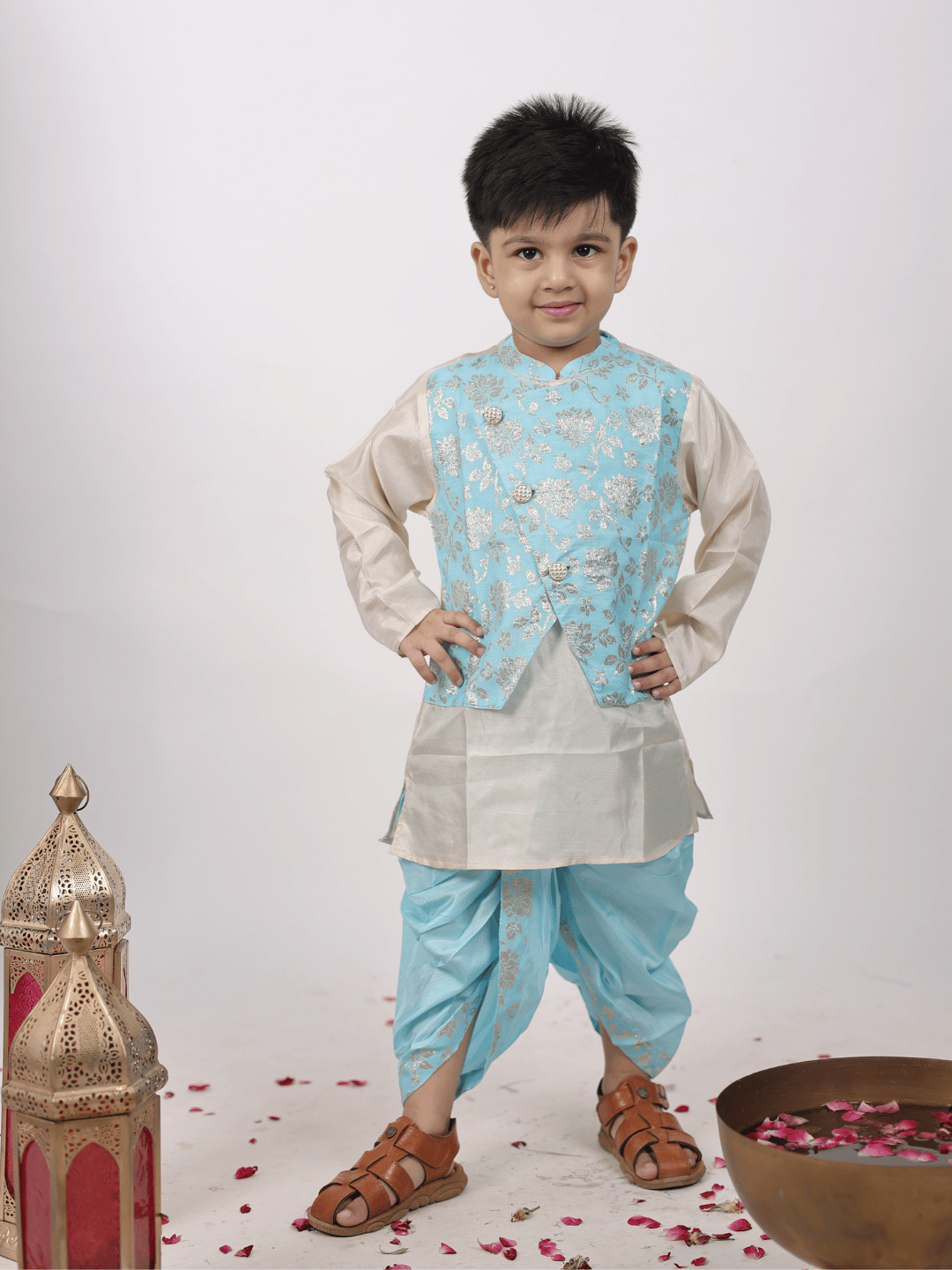 Kid One Jacquard Kurta Dhoti With Attached Jacket Set For Boys Skyblue