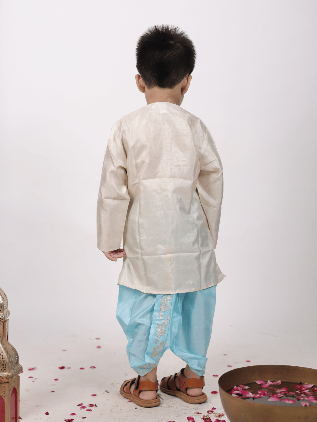 Kid One Jacquard Kurta Dhoti With Attached Jacket Set For Boys Skyblue
