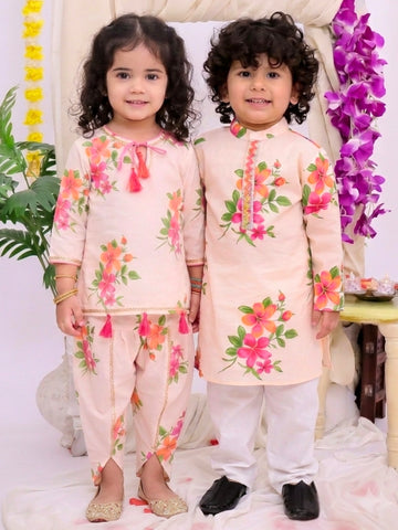 Kid One Cotton Floral Print Kurti Dhoti Set For Girls Peach With Floral Printed Cotton Kurta Pyjama Set For Boys Offwhite