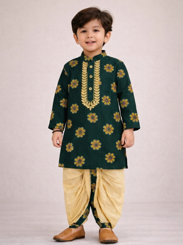 Kid One Full Sleeves Mirror Work Cotton Embroidered Kurta With Dhoti For Boys Green