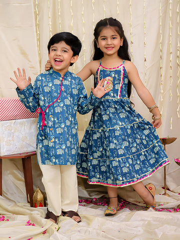 KID1 Jungle Jam Long Dress For Girls With Jungle Jam Kurta Pyjama Set For Boys - Blue