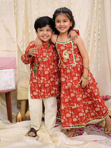 KID1 Jungle Jam Long Dress For Girls With Jungle Jam Kurta Pyjama Set For Boys - Maroon