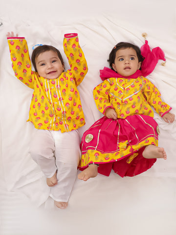 Kid One Princess Lehenga Choli With Dupatta For Girls With Printed Kurta Pajama Set For Boys - Musturd