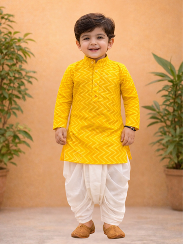 Kid One Full Sleeves Zig Zag Embroidered Cotton Kurta Dhoti Set For Boys Yellow