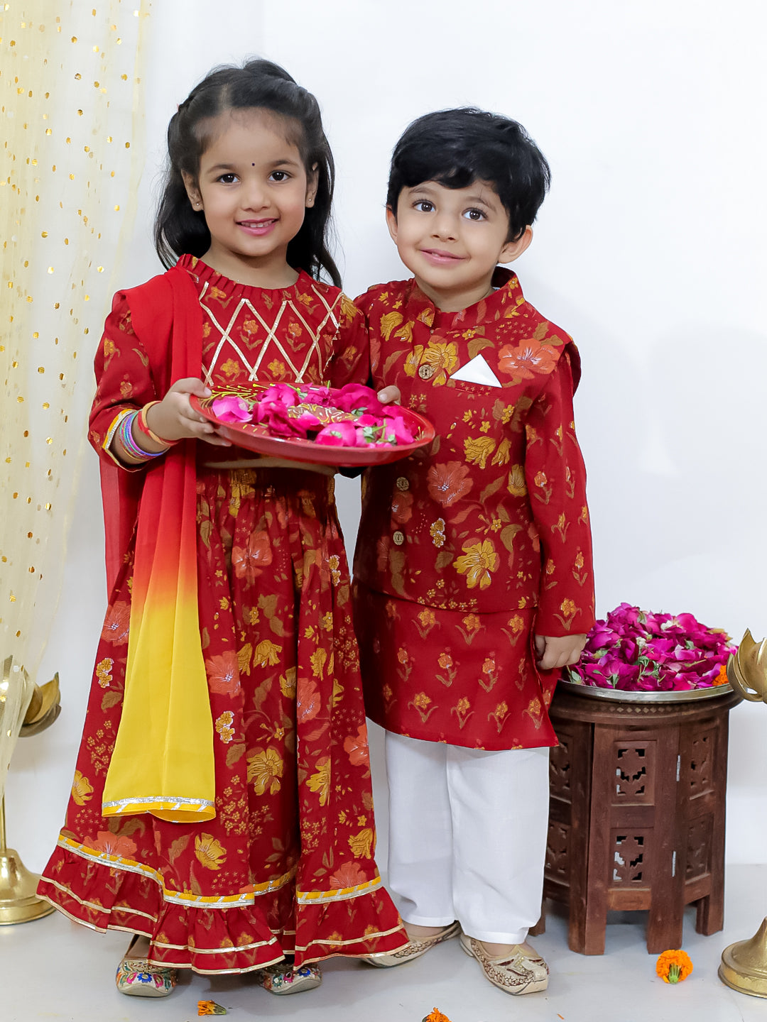 KID1 Gota Work Choli & Frill Lehenga For Girls WIth  Asmi Jacket Kurta Pyjama Set For Boys - Maroon