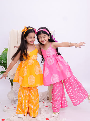 Kid One Sister Duo Printed Cotton Kurta Sharara With Headband Set For Girls - Orange & Pink